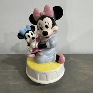 VTG Disney Schmid Minnie Holding Minnie Ceramic Figurine Music Box Rare WORKS!